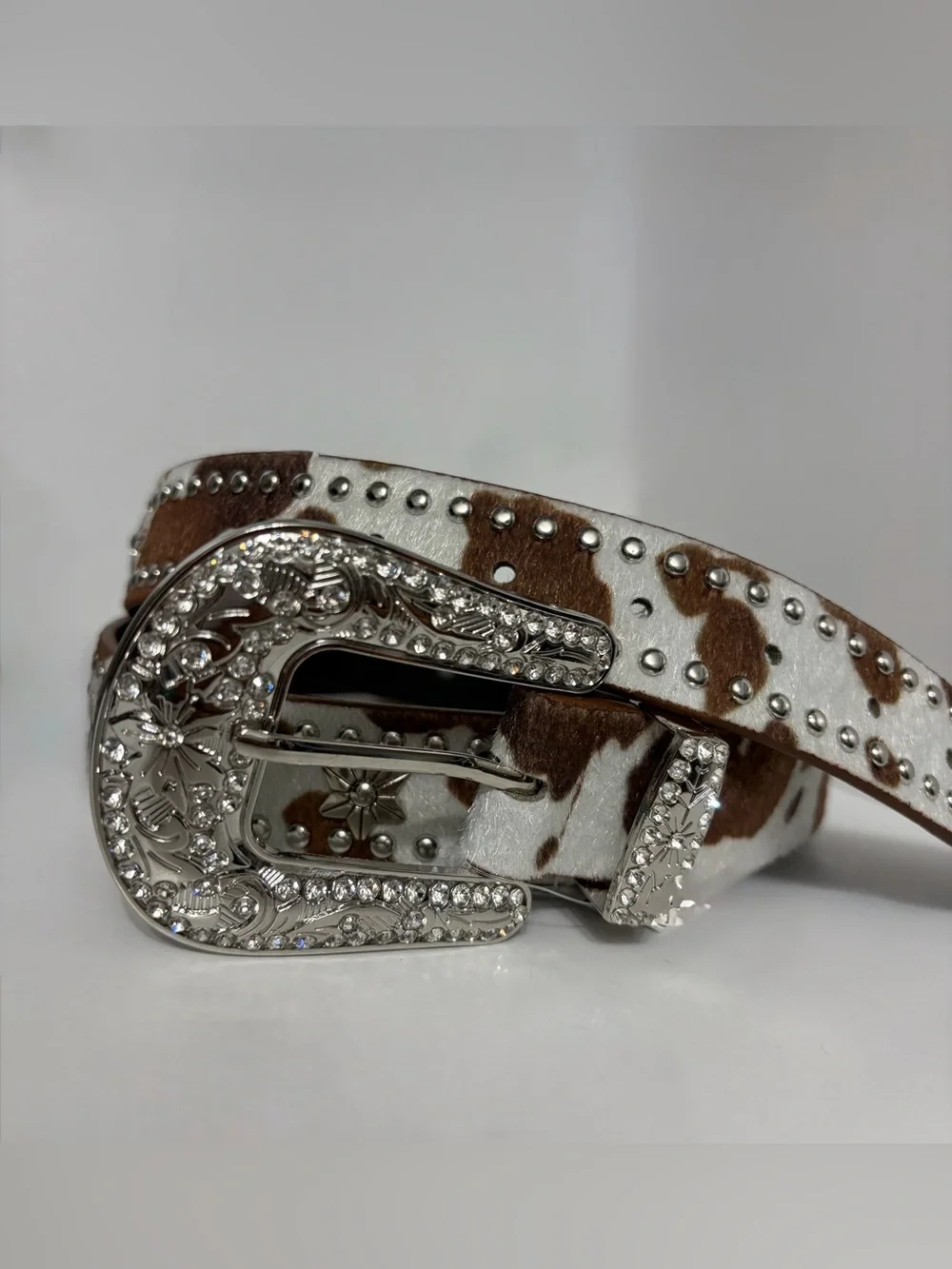 Western Belt Rhinestone Studded Cowhide Belt - Brown and White